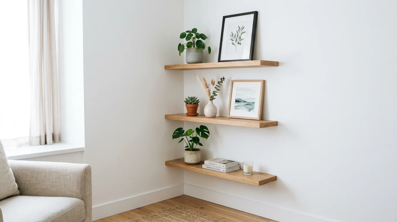 A minimalist corner shelf decor with floating wooden shelves holding small plants, ceramic vases, and framed prints, clean white walls, soft diffused daylight, balanced composition, no people